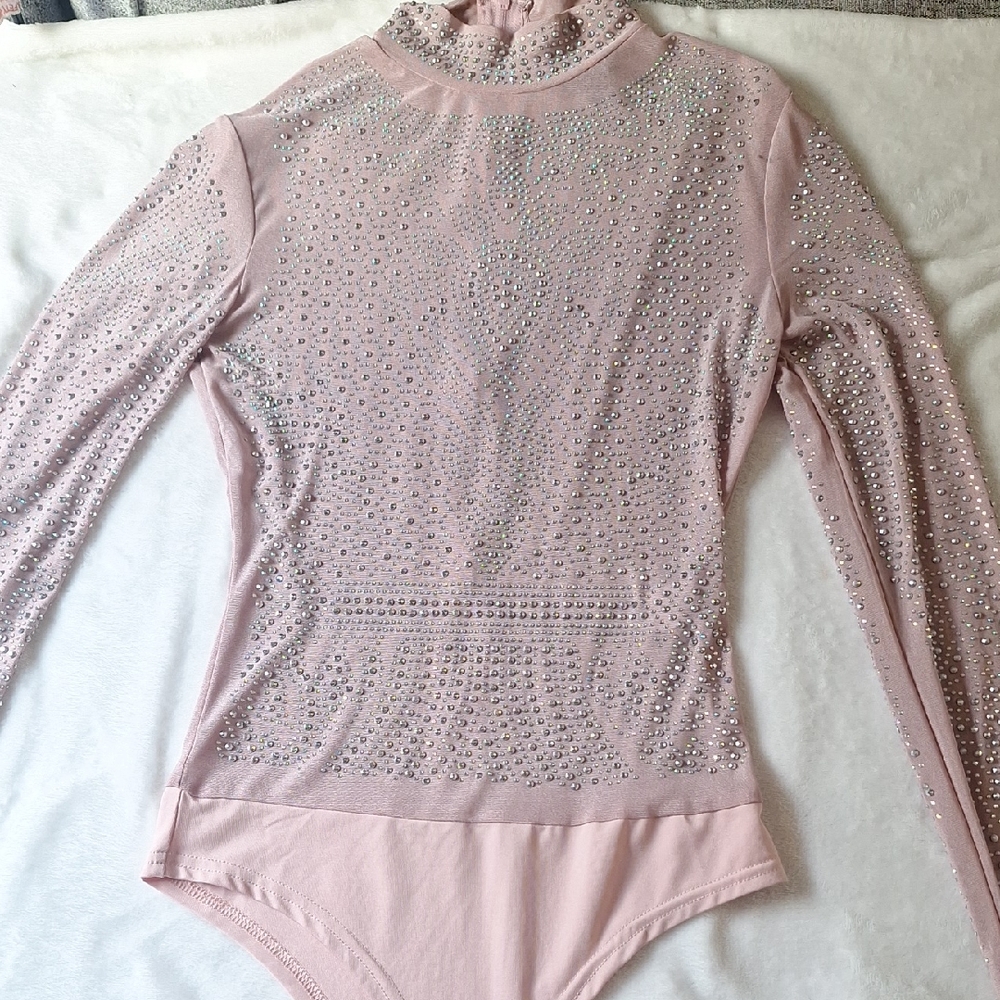 Women's Pink Embellished Long-Sleeve Bodysuit